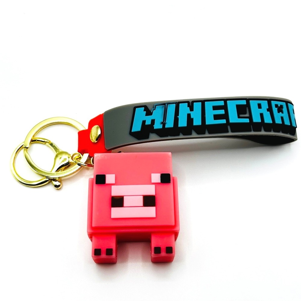 Minecraft Pig Mojang Keychain Unisex OS Pink Rubber 3D Wristlet Strap Gold Clip